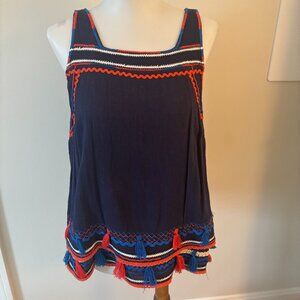 Maeve BOHO RicRac Blue tank blouse with Tassels Sz 6